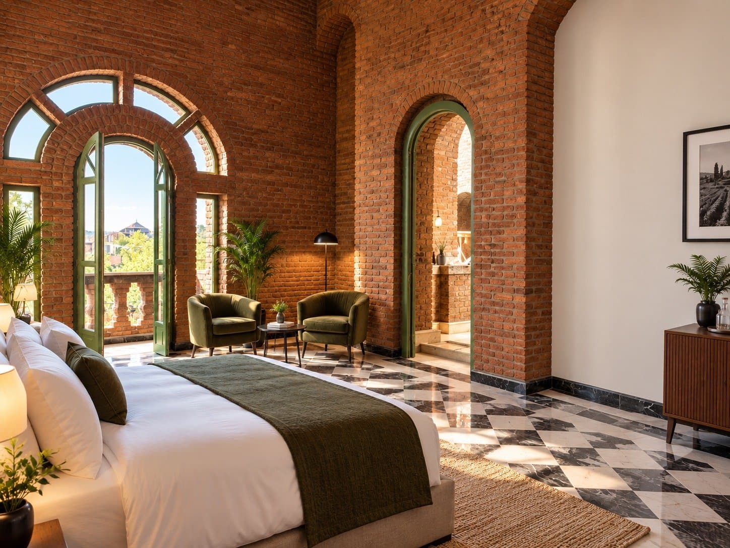 One of the suites, with the bed and brick arched windows