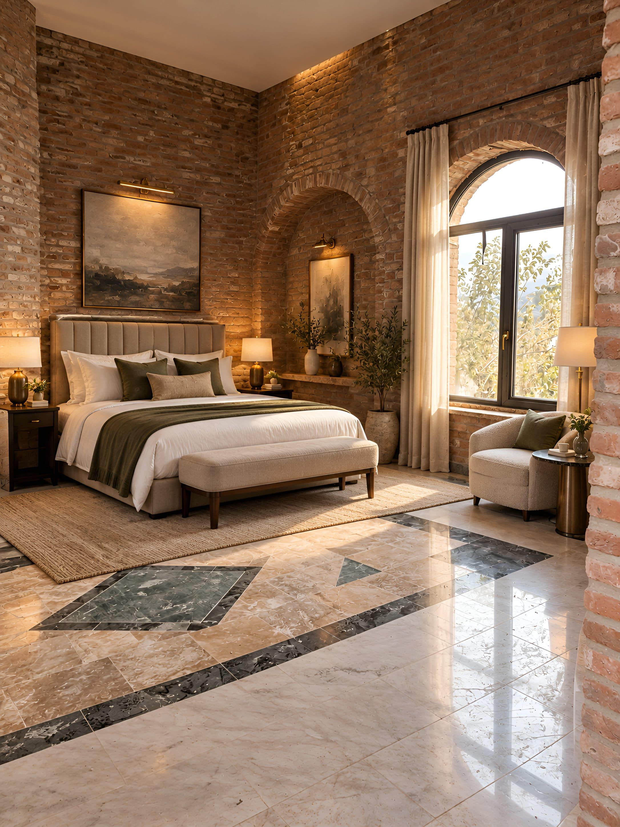 Visualisation of a suite in the East Tower: brick walls, marble floor, arched window